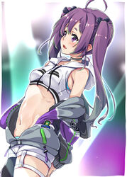  22/7 ahoge arm_behind_back asymmetrical_legwear black_ribbon border choker cowboy_shot female hair_between_eyes hair_ornament hair_ribbon highres hood hoodie kisairo_kaede long_sleeves navel oerba_yun_fang purple_eyes purple_hair ribbon shorts solo tojo_yuki twintails undressing uneven_legwear white_border white_shorts 