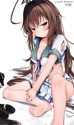  :t absurdres ahoge barefoot belt blush breasts brown_eyes brown_hair commentary dorsiflexion feet female foot_out_of_frame frown glaring green_sailor_collar highres huge_ahoge kantai_collection knee_up kuma_(kancolle) kuma_kai_ni_(kancolle) legs long_hair looking_at_viewer medium_breasts mok4suke pleated_shorts pleated_skirt pout red_ribbon ribbon sailor_collar sailor_shirt school_uniform serafuku shirt skirt soles solo toes torn_clothes torn_shirt torn_skirt translated v-shaped_eyebrows white_background white_belt white_shirt white_skirt 