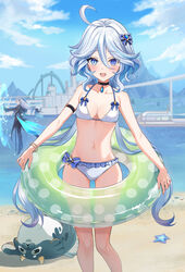  1boy :d ahoge alternate_costume bare_shoulders beach bikini black_choker black_coat black_pants blubberbeast_(genshin_impact) blue_eyes blue_gemstone blue_hair blue_sky boat breasts cane choker cloud coat collarbone commentary female floating furina_(genshin_impact) gameplay_mechanics gem genshin_impact green_innertube hair_between_eyes harimoji heterochromia highres holding holding_swim_ring innertube light_blue_hair long_hair looking_at_viewer lumitoile_(genshin_impact) mismatched_pupils multicolored_hair navel neuvillette_(genshin_impact) ocean outdoors pants sky small_breasts smile solo_focus starfish stomach swim_ring swimsuit town very_long_hair water watercraft white_bikini white_hair 