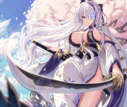  azur_lane breasts buran_(22x) cherry_blossoms cleavage closed_mouth cowboy_shot dress female foreshortening from_below grey_hair hair_over_one_eye highres katana large_breasts long_hair looking_at_viewer multiple_swords outdoors petals pink_eyes side_slit sideboob sky solo sword unzen_(azur_lane) very_long_hair weapon wide_hips wide_sleeves 