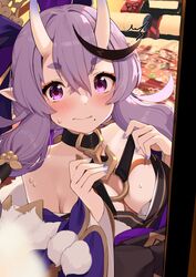  bare_shoulders black_bow black_choker blush bow breasts choker cleavage female hair_ornament highres hikimayu horns japanese_clothes kimono mole mole_under_mouth multicolored_hair nail_polish nejime nijisanji o-ring o-ring_choker oerba_yun_fang oni pointy_ears purple_eyes purple_hair purple_kimono purple_nails ribbon rindou_mikoto rindou_mikoto_(1st_costume) short_eyebrows skin-covered_horns streaked_hair thick_eyebrows virtual_youtuber 