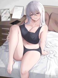  absurdres azur_lane bed bedroom black_buruma black_sports_bra breasts buruma collarbone day english_commentary enterprise_(azur_lane) female grin highres knee_up large_breasts long_hair navel on_bed parted_lips purple_eyes sitting smile solo sports_bra stomach very_long_hair white_hair yunareas 