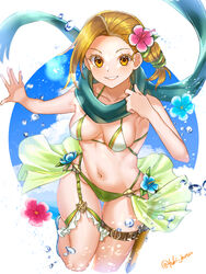  absurdres alternate_costume arm_up bikini braid braided_ponytail breasts cath_(fire_emblem) cleavage cloud commentary female fire_emblem fire_emblem:_the_binding_blade flower green_bikini hair_flower hair_ornament highres looking_at_viewer orange_eyes orange_hair short_hair sideboob small_breasts smile swimsuit thigh_strap tsukimura_(d24f4z8j3t) 