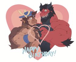  2boys absurdres animal_ears antlers backwards_hat bara baseball_cap beard blue_eyes blush brown_fur brown_hair cheschirebacon couple cropped_torso dragon_horns earrings facial_hair from_side full_beard furry furry_male furry_ralph furry_with_furry furry_with_non-furry gift_art greyscale happy_birthday hat heart heart_background heart_hands heart_hands_duo highres horns interspecies jewelry juggernaut_(juggermelon) large_pectorals looking_at_viewer male_focus mature_male monochrome moose_antlers moose_boy moose_ears motion_lines multiple_boys muscular muscular_male original pectoral_docking pectoral_press pectorals ralph_(cheschirebacon) red_fur sanpaku short_hair sideburns single_earring snout thick_eyebrows yaoi 