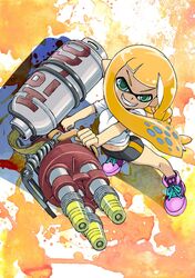  bike_shorts black_shorts breasts commentary_request female green_eyes grin gun highres holding holding_gun holding_weapon hydra_splatling_(splatoon) inkling inkling_girl inkling_player_character looking_at_viewer medium_breasts midriff muramasa_mikado navel orange_hair paint_splatter pink_footwear shirt shoes shorts smile solo splatoon_(series) teeth weapon white_background white_shirt 