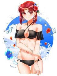  alternate_costume bikini black_bikini breasts circlet cleavage cloud commentary earrings female fire_emblem fire_emblem:_the_binding_blade flower hair_flower hair_ornament hand_on_own_arm highres jewelry looking_to_the_side medium_breasts melady_(fire_emblem) red_eyes red_hair short_hair sky swimsuit tsukimura_(d24f4z8j3t) 