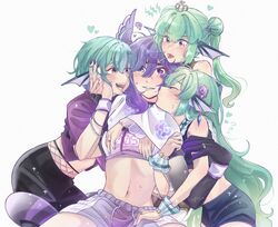  4girls blue_eyes bracelet clone_harem finana_ryugu finana_ryugu_(1st_costume) finana_ryugu_(2nd_costume) finana_ryugu_(3rd_costume) fingerless_gloves fins flying_sweatdrops gloves green_hair head_fins head_wings heart heterochromia highres jewelry long_hair midriff multiple_girls multiple_persona navel nijisanji nijisanji_en open_mouth purple_eyes purple_hair ring scar selen_tatsuki sharp_teeth short_hair shorts simple_background tail tail_wrap teeth tongue twintails virtual_youtuber white_background wings yoyoray20001996 yuri 