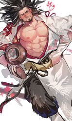  1boy abs alcohol bara bare_pectorals blush cup facial_hair from_above goatee highres japanese_clothes kimono knee_up kuroshima_kurishiro_(muyi24108414) large_pectorals long_hair looking_at_viewer lying male_focus mature_male multicolored_hair muscular muscular_male mustache_stubble navel nipples on_back one_eye_closed open_clothes open_kimono original pectorals petals sakazuki sake scar scar_on_chest seductive_smile smile solo stomach streaked_hair stubble thick_eyebrows tokkuri unfinished white_kimono 