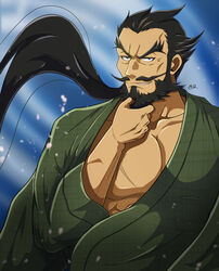  1boy bara beard black_hair blue_background brown_eyes collarbone facial_hair green_kimono highres japanese_clothes jigokuraku kimono large_pectorals long_hair looking_at_viewer male_focus moustache pectorals ponytail scar scar_on_chest solo stroking_beard tamiya_gantetsusai thick_eyebrows upper_body zeff_ozaki 