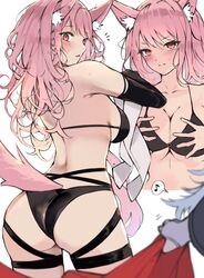  2girls animal_ear_fluff animal_ears arknights ass back bare_shoulders bikini black_bikini black_gloves blue_hair blush braid breasts breasts_squeezed_together cleavage closed_mouth clothes_theft collarbone commentary_request elbow_gloves from_behind gloves highres kyuu_(plastic_night_q) lappland_(arknights) long_hair medium_breasts multiple_girls multiple_views musical_note orange_eyes pink_hair pozyomka_(arknights) sideboob simple_background single_braid spoken_musical_note swimsuit tail theft white_background wolf_ears wolf_girl wolf_tail 