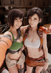  2girls 3d aged_down arm_around_neck arm_around_waist arm_at_side artist_name bar_(place) bar_stool bare_shoulders belt belt_buckle billyhhyb black_belt black_bracelet black_hair blurry blurry_background blurry_foreground boots bracelet breasts brown_eyes brown_shorts brown_vest buckle cabinet cash_register cleavage closed_mouth collarbone commentary cropped_vest dark_skin depth_of_field earrings elbow_gloves english_commentary final_fantasy final_fantasy_vii final_fantasy_vii_remake fingerless_gloves foot_up forehead_protector frilled_vest frills from_above gloves green_sports_bra grin harness headband highres indoors jewelry lips long_hair looking_at_viewer looking_up loose_socks medium_breasts midriff miniskirt multiple_bracelets multiple_girls navel nibelheim official_alternate_costume open_clothes open_fly open_vest orange_gloves parted_lips patreon_username reaching reaching_towards_viewer red_eyes red_footwear selfie short_hair short_shorts shorts side-by-side signature skirt sleeveless smile socks sports_bra standing standing_on_one_leg stool swept_bangs tifa_lockhart underwear v vest white_socks white_sports_bra yuffie_kisaragi 