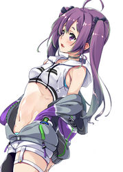  22/7 ahoge arm_behind_back asymmetrical_legwear black_ribbon choker cowboy_shot female hair_between_eyes hair_ornament hair_ribbon highres hood hoodie kisairo_kaede long_sleeves navel oerba_yun_fang purple_eyes purple_hair ribbon shorts solo tojo_yuki twintails undressing uneven_legwear white_background white_shorts 