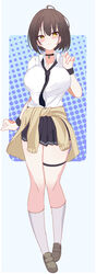  absurdres ahoge azur_lane baltimore_(after-school_ace)_(azur_lane) baltimore_(azur_lane) black_choker black_necktie black_skirt blush braid breasts brown_hair cardigan cardigan_around_waist choker cleavage clothes_around_waist collarbone collared_shirt commentary_request earrings female french_braid full_body grey_footwear hair_between_eyes hair_ornament hairclip hand_up highres jewelry kneehighs large_breasts loafers londom_(lonhomewell) looking_at_viewer loose_necktie miniskirt necktie official_alternate_costume partial_commentary partially_unbuttoned pleated_skirt school_uniform shirt shoes short_hair short_sleeves sidelocks skindentation skirt smile socks solo standing stud_earrings thigh_strap white_shirt white_socks wristband yellow_eyes 