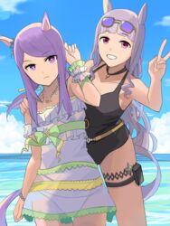  2girls absurdres animal_ears bare_shoulders bikini bikini_under_clothes black_one-piece_swimsuit casual_one-piece_swimsuit chisaku commentary cowboy_shot dress ear_flower ear_wreath eyewear_on_head gold_ship_(run_revolt_launcher)_(umamusume) gold_ship_(umamusume) grey_hair highres horse_ears horse_girl horse_tail long_hair looking_at_viewer mejiro_mcqueen_(ripple_fairlady)_(umamusume) mejiro_mcqueen_(umamusume) multiple_girls official_alternate_costume one-piece_swimsuit purple-tinted_eyewear purple_eyes purple_hair see-through see-through_dress smile sunglasses swimsuit tail tinted_eyewear umamusume v yellow-framed_eyewear 