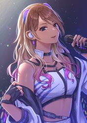  absurdres black_choker black_eyes black_gloves blurry blurry_background blush breasts brown_hair choker collarbone commentary crop_top cropped_shirt dark-skinned_female dark_skin earphones earrings female fingerless_gloves gloves glowstick gradient_hair gyaru hands_up highres holding holding_microphone idolmaster idolmaster_shiny_colors indoors izumi_mei jacket jewelry large_breasts long_hair long_sleeves looking_at_viewer microphone midriff multicolored_hair pink_hair shirt simoumi_217 single_bare_shoulder single_off_shoulder sleeveless sleeveless_shirt smile solo stage stage_lights tan upper_body white_jacket white_shirt 