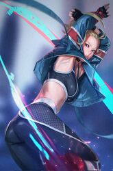  arms_up ass black_sports_bra blonde_hair blue_eyes breasts cammy_white corrupted_twitter_file crop_top cropped_jacket female fingerless_gloves gloves highres medium_breasts midriff pants parted_lips passimo sports_bra street_fighter street_fighter_6 tight_clothes tight_pants 