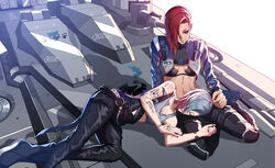  2girls abs absurdres animal_print arm_tattoo bikini black_bikini blue_hair breasts cat_print cleavage closed_eyes cyberpunk cyberpunk_(series) cyberpunk_2077 cyborg english_text hair_over_one_eye highres judy_alvarez lap_pillow menger military_vehicle mohawk motor_vehicle multiple_girls paw_print red_hair smile swimsuit tank tattoo v_(cyberpunk) valerie_(cyberpunk) yuri 