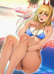  bikini blonde_hair blue_bikini breasts chainsaw_man demon_girl female highres horns long_hair looking_at_viewer medium_breasts ocean oni_horns open_mouth oyaman power_(chainsaw_man) red_horns sharp_teeth sky solo swimsuit symbol-shaped_pupils teeth thighs water yellow_eyes yellow_sky 