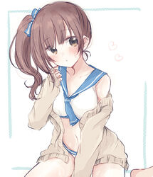  baran._(ba_ra_ran) barefoot bikini blue_neckerchief blue_sailor_collar blush breasts brown_cardigan brown_eyes brown_hair cardigan chestnut_mouth collarbone commentary female hand_up highres idolmaster idolmaster_cinderella_girls igarashi_kyoko long_hair looking_at_viewer medium_breasts navel neckerchief sailor_collar sailor_swimsuit_(idolmaster) side_ponytail sidelocks sitting solo stomach swimsuit wariza white_background white_bikini 