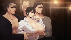  2boys alternate_breast_size bare_pectorals black_eyes black_hair breast_lift breasts brown_hair dual_persona eren_yeager female film_grain frown hanpetos huge_breasts large_pectorals lens_flare meme mikasa_ackerman multiple_boys muscular muscular_male parody partially_unbuttoned pectorals scar scar_on_cheek scar_on_face servants_holding_aphrodite&#039;s_breasts_(meme) shaded_face shingeki_no_kyojin shuumatsu_no_valkyrie smile torch 