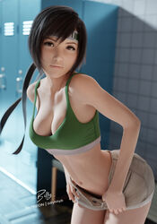  3d artist_name bare_shoulders bent_over billyhhyb black_hair black_headband blurry blurry_background breasts brown_eyes brown_shorts cleavage closed_mouth clothes_pull collarbone commentary cowboy_shot depth_of_field english_commentary female final_fantasy final_fantasy_vii final_fantasy_vii_remake forehead_protector from_side green_sports_bra hair_between_eyes headband highres leaning_forward locker locker_room looking_at_viewer looking_to_the_side medium_breasts midriff navel open_fly patreon_username pulling_own_clothes short_hair short_shorts shorts shorts_pull signature solo sports_bra strap_gap swept_bangs thumb_in_beltline tile_floor tile_wall tiles underwear undressing yuffie_kisaragi 