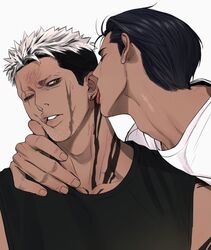  2boys adam&#039;s_apple bad_id bad_twitter_id bara bruise cheek_press dark-skinned_male dark_skin ear_piercing facial_hair gimgyeon_(dog_0987) highres injury licking licking_blood licking_ear male_focus mature_male multicolored_hair multiple_boys original piercing scar scar_across_eye shirt short_hair sideburns sleeveless sleeveless_shirt sparse_stubble stubble thick_eyebrows tongue tongue_out two-tone_hair undercut upper_body white_hair yaoi 