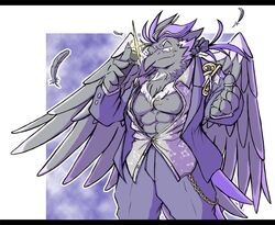  abs alchiba anthro avian bare_chest beak bird black_body black_feathers clothing corvid corvus_(genus) crow feathers lifewonders live_a_hero male muscular muscular_anthro muscular_male okudami one_eye_closed oscine passerine pecs purple_clothing smug solo wings wink 