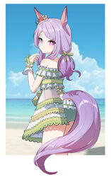  absurdres animal_ears bare_shoulders beach beads bikini blue_sky border cloud cloudy_sky commentary_request cowboy_shot dress dress_swimsuit ear_ornament female frilled_bikini frills from_behind green_ribbons highres horse_ears horse_girl horse_tail long_hair looking_at_viewer mejiro_mcqueen_(ripple_fairlady)_(umamusume) mejiro_mcqueen_(umamusume) multicolored_bikini multicolored_clothes off-shoulder_bikini off_shoulder official_alternate_costume official_alternate_hairstyle outdoors ponytail purple_eyes purple_hair ribbon sand scrunchie see-through see-through_dress sky solo strainofgwaro swimsuit tail umamusume water white_border wrist_scrunchie 