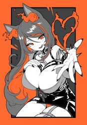  animal_ears belt black_nails black_skirt bow bowtie breasts chains cleavage collar commentary cowboy_shot curvy detached_sleeves english_commentary facing_viewer female fire gamer_supps grey_hair grey_shirt hand_on_own_chest heart high-waist_skirt indie_virtual_youtuber large_breasts light_blush long_hair looking_at_viewer miniskirt multicolored_hair nanoless off_shoulder offering_hand orange_eyes orange_fire orange_hair orange_panties panties pantyshot partially_colored pencil_skirt reaching reaching_towards_viewer shirt sinder_(vtuber) sinder_(vtuber)_(1st_costume) skirt smile spiked_collar spikes streaked_hair thigh_strap thighs two-tone_hair underwear virtual_youtuber wolf_ears wolf_girl 