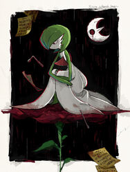  1boy bad_id bad_pixiv_id bent_spoon black_background blood blood_from_eyes bob_cut border colored_skin commentary crescent_moon english_text floating floating_object full_body gardevoir green_hair green_skin hair_over_one_eye ice_cream_spoon looking_down lunatone male_focus matsuriya_(pixiv_79070753) moon multicolored_skin one_eye_covered otoko_no_ko outside_border paper plant pokemon pokemon_(creature) rain raining_blood red_eyes sheet_music short_hair solo_focus spoon squatting telekinesis thorns two-tone_skin white_border white_skin 