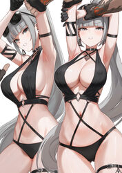  armpits arms_up bare_shoulders bikini black_bikini black_survival blush breasts cleavage clenched_teeth covered_nipples earrings eternal_return:_black_survival eyewear_on_head female grey_eyes grey_hair haze_(black_survival) highres jewelry kfr large_breasts long_hair looking_at_viewer multiple_views navel ponytail red_pupils sunglasses swimsuit teeth thigh_strap thighs 