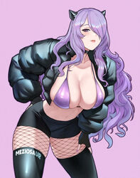  alternate_costume artist_name bikini black_choker black_jacket black_shorts black_thighhighs breasts camilla_(fire_emblem) choker clothes_writing coat commentary contemporary cowboy_shot fake_horns female fire_emblem fire_emblem_fates fishnet_pantyhose fishnets hair_over_one_eye horns jacket large_breasts long_hair long_sleeves looking_at_viewer meziosaur navel pantyhose pink_lips puffy_coat purple_background purple_bikini purple_eyes purple_hair short_shorts shorts simple_background solo standing stomach swimsuit thighhighs thighs very_long_hair 