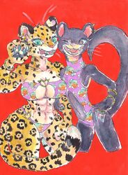  abs absurd_res anthro bikini clothing duo ear_piercing ear_ring felid female giant_otter hi_res jaguar kemono mammal mustelid one-piece_swimsuit otter pantherine piercing ring_piercing river_otter sibaketsu swimwear traditional_media_(artwork) 