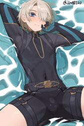  1boy black_bodysuit black_gloves black_shorts blonde_hair blue_eyes bodysuit bulge closed_mouth freckles freminet_(genshin_impact) g1_(jjw00123) genshin_impact gloves hair_over_one_eye highres long_sleeves looking_at_viewer male_focus short_hair shorts solo spread_legs water 