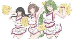  3girls absurdres ahoge black_hair blue_eyes blunt_bangs braid breasts brown_eyes brown_hair cheerleader colored_inner_hair crop_top green_hair highres holding holding_pom_poms kantai_collection ken_(shutenndouji1) kishinami_(kancolle) large_breasts long_hair matching_outfits medium_breasts mole mole_under_mouth multicolored_hair multiple_girls naganami_(kancolle) navel pink_hair pom_pom_(cheerleading) short_hair simple_background single_braid skirt thighhighs two-tone_hair very_long_hair wavy_hair white_background white_skirt white_thighhighs yuugumo_(kancolle) 