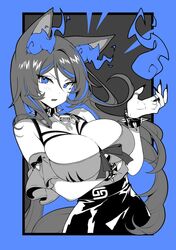  animal_ears arm_under_breasts arm_up belt black_nails black_skirt blue_eyes blue_fire blue_hair bow bowtie breasts chains cleavage collar commentary curvy detached_sleeves english_commentary female fire gamer_supps grey_hair grey_shirt high-waist_skirt indie_virtual_youtuber large_breasts light_blush long_hair looking_at_viewer multicolored_hair nanoless off_shoulder pencil_skirt shirt sinder_(vtuber) sinder_(vtuber)_(1st_costume) skirt spiked_collar spikes streaked_hair two-tone_hair upper_body virtual_youtuber wolf_ears wolf_girl 