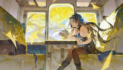  arm_strap armband bare_shoulders black_armband black_pantyhose blue_headwear booth_seating breasts falling_leaves female gloves grey_eyes half_gloves hand_on_own_cheek hand_on_own_face highres large_breasts leaf long_hair luckyia pantyhose sideboob single_half_glove sitting solo suitcase table train train_interior window wuthering_waves yangyang_(wuthering_waves) yellow_theme 