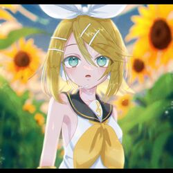  aqua_eyes armpits bare_shoulders black_sailor_collar blonde_hair blurry blurry_background bow breasts commentary_request depth_of_field detached_sleeves female field flower flower_field hair_between_eyes hair_ornament hairbow hairclip headphones headset highres kagamine_rin light_blush looking_at_viewer looking_up medium_hair neckerchief nnc225 open_mouth pale_skin sailor_collar sailor_shirt shirt sideboob skinny sleeveless sleeveless_shirt small_breasts solo sunflower sunflower_field swept_bangs treble_clef upper_body vocaloid wet wet_clothes wet_hair white_bow yellow_neckerchief 