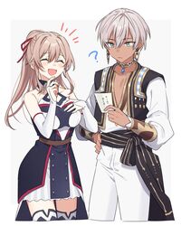  1boy ? arabian_clothes black_thighhighs blonde_hair blue_eyes bridal_gauntlets closed_eyes commentary_request dark-skinned_male dark_skin dress earrings elbow_gloves female furen_e_lustario furen_e_lustario_(1st_costume) gloves grey_hair highres ibrahim_(1st_costume)_(nijisanji) ibrahim_(nijisanji) jewelry long_hair meifu_(nijisanji) nijisanji open_mouth pants ponytail sleeveless sleeveless_dress smile thighhighs tooru_(jux) tunic virtual_youtuber white_gloves white_pants 