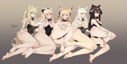  5girls absurdres animal_ears areola_slip arknights ass aunt_and_niece barefoot black_hair black_headwear black_leotard blemishine_(arknights) blonde_hair blush bow bowtie breasts commentary detached_collar feet highres horse_ears horse_girl horse_tail large_breasts leotard looking_at_viewer meteor_(arknights) multiple_girls nearl_(arknights) one_eye_closed open_mouth platinum_(arknights) playboy_bunny siblings sisters smile soles strapless tail thighs tierla toes whislash_(arknights) white_hair wrist_cuffs 