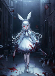  :d animal_ears bag blood blood_on_clothes blood_on_knife blood_splatter bow bowtie carrot chalkboard_sign commentary corpse female frilled_hairband frills hairband hat highres holding holding_knife holding_limb knife original rabbit rabbit_ears rabbit_girl red_eyes sachi_(160332) severed_limb shoulder_bag sign smile solo_focus white_bag white_footwear white_hair 