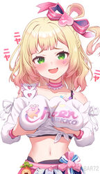  artist_name blonde_hair blush bow breast_lift breasts choker collarbone commentary_request cowboy_shot female grabbing_own_breast green_eyes groin hair_ornament heart heart_hair_ornament highres hololive lace-trimmed_choker lace_trim large_breasts long_sleeves looking_at_viewer medium_hair midriff momosuzu_nene momosuzu_nene_(cheerleader) multicolored_hair navel oerba_yun_fang open_mouth pink_hair ribbon shirt simple_background skin_fang skirt smile solo stomach streaked_hair striped striped_bow suicabar72 tied_shirt twitter_username virtual_youtuber white_background white_shirt 