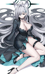  absurdres ahoge animal_ear_fluff animal_ears black_choker black_dress black_halo blue_archive blue_eyes breasts choker cleavage collarbone cross_hair_ornament dress eternity_(shadeh) extra_ears female grey_hair hair_ornament halo highres large_breasts legs long_hair long_sleeves shiroko_(blue_archive) shiroko_terror_(blue_archive) sitting solo thigh_strap very_long_hair wolf_ears 