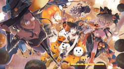  3girls area_(street_fighter) arika blonde_hair book breasts broom broom_riding candy character_request cleavage company_name dress elbow_gloves food glasses gloves halloween halloween_costume hat highres jack-o&#039;-lantern long_hair mouth_hold multiple_girls official_art official_wallpaper open_mouth pantyhose pumpkin skirt street_fighter street_fighter_ex_(series) striped_clothes striped_pantyhose witch witch_hat 