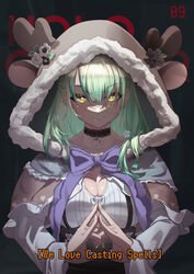  absurdres black_choker black_skirt breasts ceres_fauna ceres_fauna_(jirai_kei) choker cleavage cleavage_cutout closed_mouth clothing_cutout deer_hood evil_smile female green_hair heart heart_choker high-waist_skirt highres hololive hololive_english lace-trimmed_choker lace_trim large_breasts long_hair long_sleeves midorimae mole mole_under_eye official_alternate_costume shirt skirt smile solo upper_body virtual_youtuber white_shirt yellow_eyes 