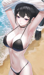  armpits arms_up bare_shoulders beach bikini black_bikini black_choker black_hair breasts choker cleavage closed_mouth clothes_lift collarbone covered_nipples female highres kfr large_breasts lifting_own_clothes long_hair looking_at_viewer low-tied_long_hair mole mole_on_breast navel original purple_eyes shirt shirt_lift smile solo stomach strap_gap swimsuit thighs wet wet_clothes wet_shirt white_shirt 