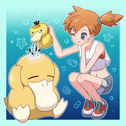  ;) absurdres bare_arms border closed_mouth commentary_request eyelashes female green_border green_eyes hands_up highres holding holding_watering_can kasumi_(pokemon) legs navel one_eye_closed orange_hair outline pokemon pokemon_(creature) pokemon_lgpe psyduck shirt shoes shorts side_ponytail sleeveless sleeveless_shirt smile sprayduck squatting watering_can white_shirt yuu_(jgvj7873) 