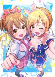  2girls ;d absurdres aiba_yumi blonde_hair blue_jacket blue_skirt blush bow breasts brown_hair cleavage commentary_request confetti foreshortening hairbow highres hood hooded_jacket hori_yuko idolmaster idolmaster_cinderella_girls imakooo5 jacket looking_at_viewer medium_breasts multiple_girls necktie one_eye_closed petticoat plaid plaid_bow plaid_necktie plaid_skirt pleated_skirt pom_pom_(cheerleading) ponytail shoes skirt smile sneakers wristband 