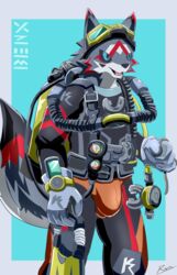  anthro briefs canid canine canis clothing diving_mask diving_suit eyewear fur gear goggles hi_res male mammal mask oxygen_tank rebreather rmsdragon scuba solo suit swimming_fins underwear unknown_character wetsuit wolf 