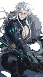  1boy alchemy_stars bara bare_pectorals barton_(alchemy_stars) blue_eyes chest_harness gloves grin harness highres holding holding_weapon large_pectorals long_hair male_focus official_alternate_costume pectorals scar scar_on_chest scar_on_face sharp_teeth smile solo squatting teeth thick_eyebrows turning_head weapon white_hair ye_zi_(user_rctc4832) 